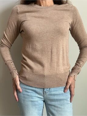 Zara Camel/Tan Crewneck Sweater with Button Cuff Detail